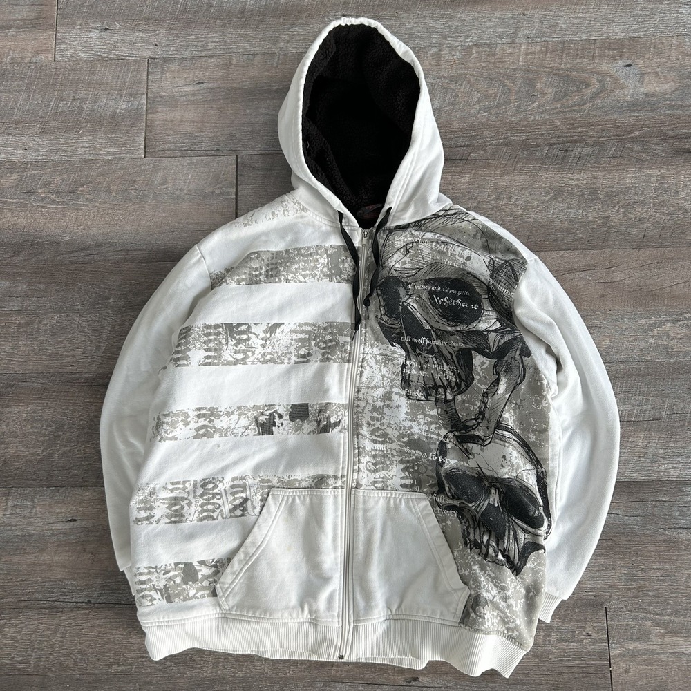 VTG MMA Elite Full Zip Hoodie XL White Skulls Y2K Alt Grunge Sherpa Lined 90s